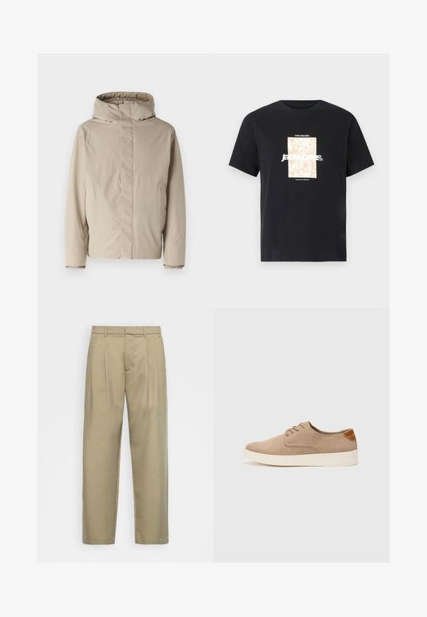 Beige isolerad jacka med hög krage och huva, med en minimalistisk design och strukturerad tyg. Inga synliga stängningar eller mönster.; Svart bomullströja med rund hals. Har en beige rektangulär grafik och vit text, "JAWO," centrerad på framsidan. Kortärmad.; Beige, högmidjade byxor med rak passform, med platt framsida, sidofickor och en slät, texturerad tyg.; Beige mockasinsneakers med rund tå, snörning fram och texturerad bakaxel. Vit gummisula ger kontrast. Enkelt och modernt design.