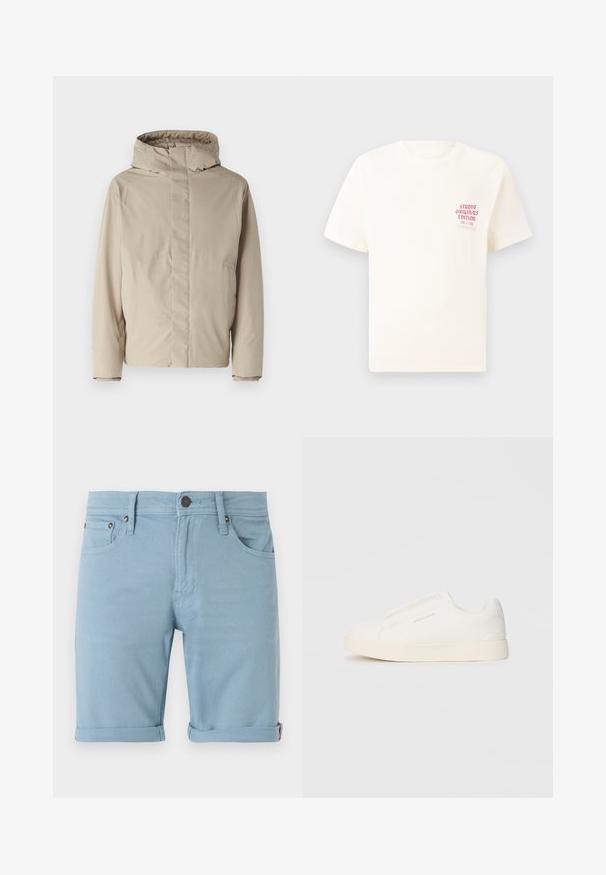 Chaqueta aislante beige con cuello alto y capucha, que presenta un diseño minimalista y tejido texturizado. Sin cierres ni patrones visibles.; Camiseta blanca de manga corta con el texto rojo "Edición de Studio Originals" en el lado izquierdo del pecho, exhibida sobre un fondo gris neutro.; Shorts de mezclilla de color azul claro con un diseño clásico de cinco bolsillos, dobladillos enrollados, detalles de costura en la parte delantera y trasera, y un cierre de botón oscuro.; Zapatillas blancas tipo slip-on con una superficie texturizada, suela gruesa y diseño minimalista. Presenta el logo de la marca en un lado.