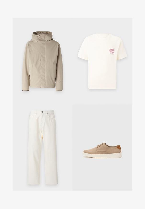 Bežana izolirana jakna s visokim ovratnikom i kapuljačom, koja se odlikuje minimalističkim dizajnom i teksturiranim materijalom. Nema vidljivih kopčanja ili uzoraka.; Bijela kratka majica s kratkim rukavima s crvenim natpisom "Studio Originals Edition" na lijevoj strani grudi, prikazana na neutralnoj sivoj pozadini.; Jack & Jones JPSTALEX ORIGINAL - Vrećaste traperice - antique white; Bež nubuk tenisice s okruglim vrhom, vezanjem sprijeda i teksturiranim stražnjim naglaskom. Bijela gumena potpetica pruža kontrast. Jednostavan i moderan dizajn.