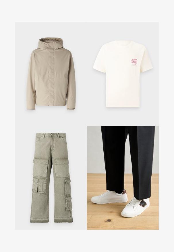 Béžová zateplená bunda s vysokým límcem a kapucí, která má minimalistický design a texturovanou tkaninu. Bez viditelných zapínání nebo vzorů.; Bílý krátký rukávový tričko s červeným textem "Studio Originals Edition" na levé hrudi, vystavené na neutrálním šedém pozadí.; Kargo kalhoty ve světlé olivové zelené barvě, s mnoha velkými kapsami, širokým střihem a detailním zakončením bez šití. Vyrobené z odolné látky.; Bílé tenisky s hladkým povrchem, s hnědými koženými akcenty a černými detaily, kombinované s černými kalhotami na míru. Pozadí tvoří dřevěná podlaha.
