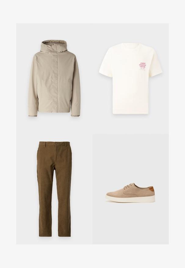 Giacca isolante beige con collo alto e cappuccio, caratterizzata da un design minimalista e tessuto testurizzato. Nessuna chiusura o motivo visibile.; T-shirt bianco a maniche corte con testo rosso "Studio Originals Edition" sul lato sinistro del petto, esposto su uno sfondo grigio neutro.; Pantaloni in velluto a coste marroni con taglio dritto, caratterizzati da righe verticali, chiusura con bottoni e tasche laterali per maggiore utilità.; Sneaker in suede beige con punta arrotondata, stringhe davanti e un accento testurizzato sul retro. La suola in gomma bianca offre un contrasto. Design semplice e moderno.