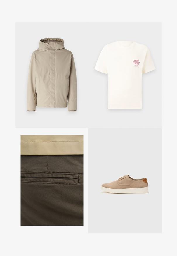 Béžová zateplená bunda s vysokým límcem a kapucí, která má minimalistický design a texturovanou tkaninu. Bez viditelných zapínání nebo vzorů.; Bílý krátký rukávový tričko s červeným textem "Studio Originals Edition" na levé hrudi, vystavené na neutrálním šedém pozadí.; Hnědé bavlněné kalhoty s viditelnou zadní kapsou, zvýrazněné jemným prošíváním a hladkou texturou. Pas je v kontrastní béžové barvě.; Béžové semišové tenisky s kulatou špičkou, šněrováním vpředu a texturovaným zadním akcentem. Bílá gumová podrážka poskytuje kontrast. Jednoduchý a moderní design.