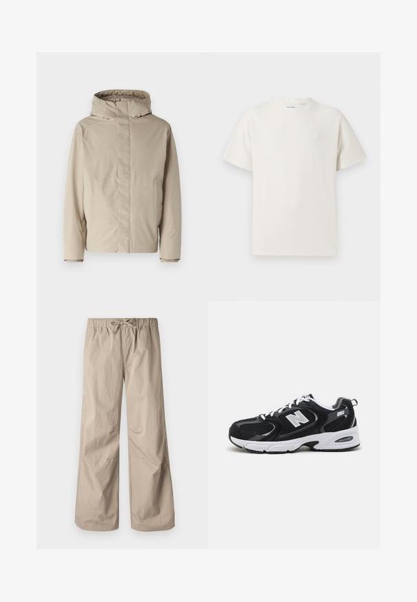 Béžová zateplená bunda s vysokým límcem a kapucí, která má minimalistický design a texturovanou tkaninu. Bez viditelných zapínání nebo vzorů.; Bílý krátký rukáv tričko s pružnou strukturou. Kulatý výstřih, volný střih, bez viditelných vzorů nebo detailů. Jednoduchý a univerzální design.; Béžové kalhoty širokého střihu s elastickým pasem a stahovací šňůrkou. Hladký materiál, dvě boční kapsy a minimální švy pro uvolněný fit.; Černé a šedé sportovní boty s síťovinovou a semišovou svrškem, se bílou mezipodešví, šňůrkami a výrazným logem "N" na boku.