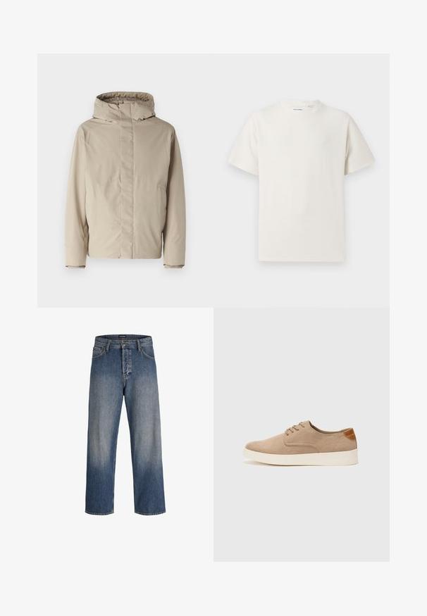 Giacca isolante beige con collo alto e cappuccio, caratterizzata da un design minimalista e tessuto testurizzato. Nessuna chiusura o motivo visibile.; T-shirt bianca a maniche corte in texture a coste. Girocollo, vestibilità rilassata, senza modelli o accenti visibili. Design semplice e versatile.; Jeans in denim blu con una vestibilità ampia, dal design sbiadito, dotati di cinque tasche, passanti per cintura e chiusura con bottone e zip.; Sneaker in suede beige con punta arrotondata, stringhe davanti e un accento testurizzato sul retro. La suola in gomma bianca offre un contrasto. Design semplice e moderno.