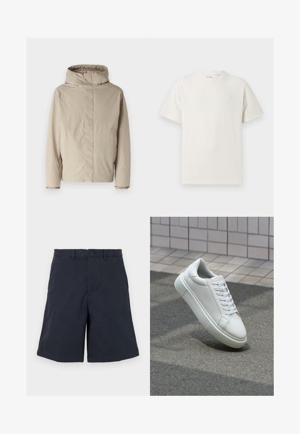 Beige isolierte Jacke mit hohem Kragen und Kapuze, mit einem minimalistischen Design und strukturiertem Stoff. Keine sichtbaren Verschlüsse oder Muster.; Weißes T-Shirt mit kurzen Ärmeln in gerippter Textur. Runder Ausschnitt, lockere Passform, keine sichtbaren Muster oder Akzente. Einfaches und vielseitiges Design.; Marineblaue Shorts aus Baumwolle, mit Knopfverschluss, seitlichen Taschen und geradem Bein. Der Stoff hat eine weiche Textur.; Weiße Leder-Sneaker mit glatter Oberfläche, runder Zehenpartie und flachen weißen Schnürsenkeln. Verfügt über eine strukturierte Gummisohle und minimalistische Designelemente.