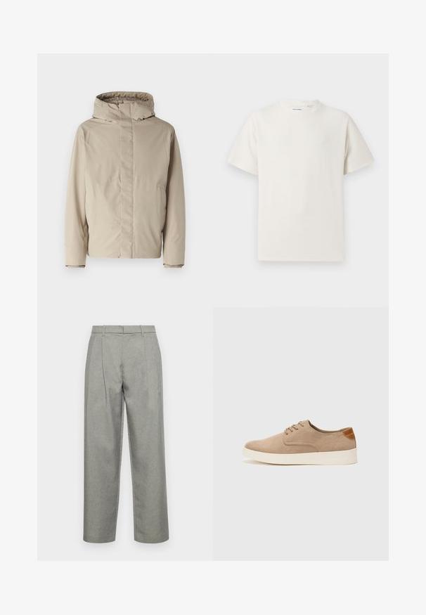 Beige geïsoleerde jas met een hoge kraag en capuchon, met een minimalistisch ontwerp en textuurstof. Geen zichtbare sluitingen of patronen.; Witte korte mouwen T-shirt met ribbelstructuur. Ronde hals, ontspannen pasvorm, geen zichtbare patronen of accenten. Eenvoudig en veelzijdig ontwerp.; Grijze op maat gemaakte broeken van gestructureerde stof, met een klassieke rechte pijpdesign, voorplooien en een standaard tailleband met riemlussen.; Beige suède sneakers met een ronde neus, vetersluiting aan de voorkant en een getextureerde achteraccent. De witte rubberen zool zorgt voor contrast. Eenvoudig en modern ontwerp.