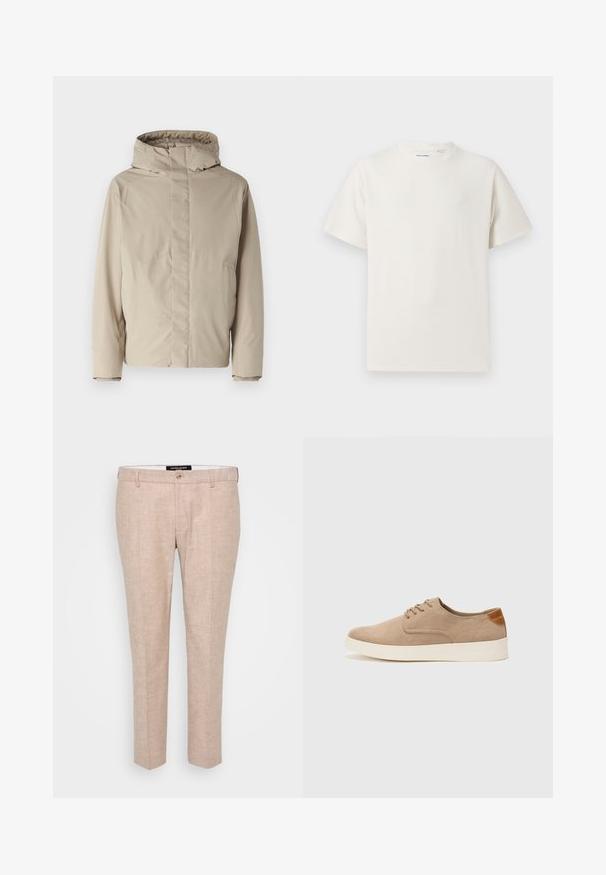 Chaqueta aislante beige con cuello alto y capucha, que presenta un diseño minimalista y tejido texturizado. Sin cierres ni patrones visibles.; Camiseta blanca de manga corta en textura acanalada. Cuello redondo, corte relajado, sin patrones ni acentos visibles. Diseño simple y versátil.; Pantalones de color beige claro fabricados en una mezcla de lino, con un frente plano, trabillas para cinturón y cierre de un solo botón. Diseño entallado de pierna recta.; Zapatillas de ante beige con puntera redondeada, cordones en la parte delantera y un acento texturizado en la parte trasera. La suela de goma blanca proporciona contraste. Diseño sencillo y moderno.