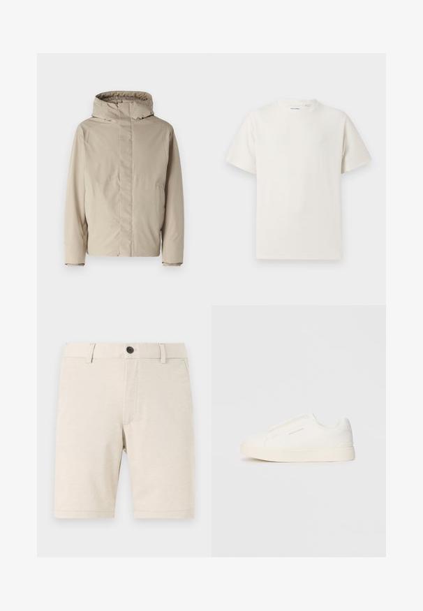 Beige isoleret jakke med høj krave og hætte, der har et minimalistisk design og tekstureret stof. Ingen synlige lukninger eller mønstre.; Hvid kortærmet T-shirt i ribbet tekstur. Rund halsudskæring, løs pasform, ingen synlige mønstre eller accenter. Enkel og alsidig design.; Beige shorts lavet af letvægtsstof, med en frontknaplukning, bæltestropper og en glat tekstur. Kanten er lige.; Hvide slip-on sneakers med en struktureret overflade, en tyk sål og et minimalistisk design. Har brandlogoet på siden.