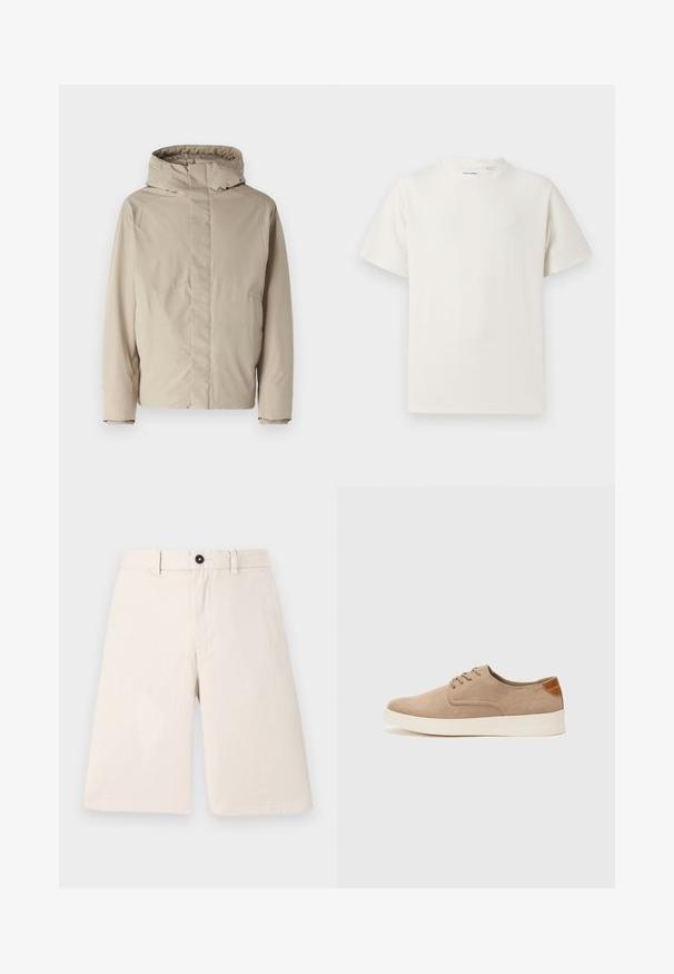 Veste isolée beige avec un haut col et une capuche, présentant un design minimaliste et un tissu texturé. Pas de fermetures ni de motifs visibles.; T-shirt blanc à manches courtes en texture côtelée. Encolure ronde, coupe décontractée, sans motifs ni accents visibles. Design simple et polyvalent.; Shorts en coton beige au design droit, dotés d'une fermeture par bouton et de passants de ceinture. Texture lisse sans motifs ni accents.; Baskets en daim beige avec un embout arrondi, un laçage sur le devant et un accent texturé à l'arrière. La semelle en caoutchouc blanche offre un contraste. Design simple et moderne.