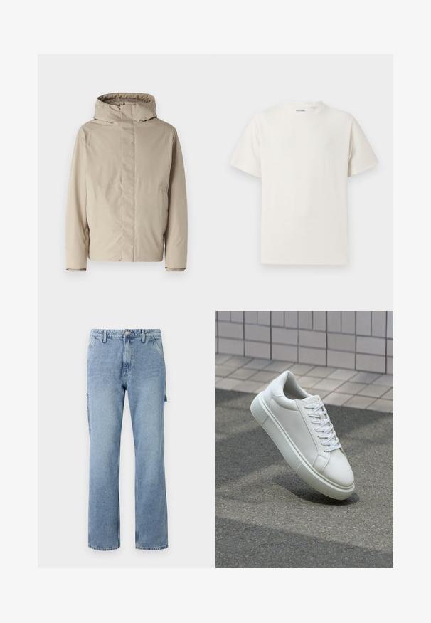 Bežs izolēts cimds ar augstu apkakli un kapuci, kas izceļas ar minimālistisku dizainu un teksturētu audumu. Nav redzamu aizdaru vai rakstu.; Balta krūštura īsām piedurknēm ar ribota auduma faktūru. Apaļš kakla izgriezums, brīvs griezums, bez redzamām rakstām vai akcentiem. Vienkāršs un daudzpusīgs dizains.; Gaiši zila džinsu formas bikses ar taisnām kājām, piecām kabatām un pogu aizdari. Iezīmē sānu kabatas un brīvu, relaksētu piegriezumu.; Baltas ādas sporta apavi ar gludu virsmu, apaļu pirkstu un plakanām baltām šņorēm. Iezīmējas ar strukturētu gumijas zoli un minimālisma dizaina elementiem.