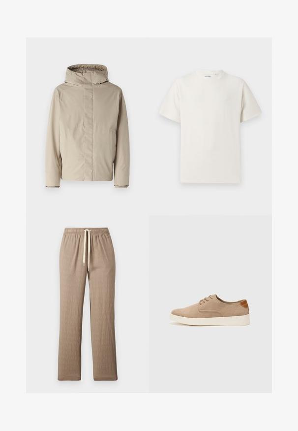 Beige insulated jacket with a high collar and hood, featuring a minimalist design and textured fabric. No visible fastenings or patterns.; White short-sleeve T-shirt in a ribbed texture. Round neckline, relaxed fit, no visible patterns or accents. Simple and versatile design.; Light brown, textured fabric pants with an elastic waistband and adjustable drawstring. Straight-leg design with no visible patterns or accents.; Beige suede sneakers with a rounded toe, lace-up front, and a textured back accent. White rubber sole provides contrast. Simple and modern design.