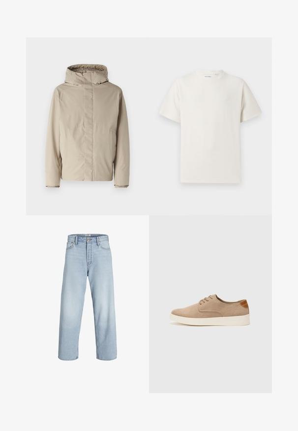 Giacca isolante beige con collo alto e cappuccio, caratterizzata da un design minimalista e tessuto testurizzato. Nessuna chiusura o motivo visibile.; T-shirt bianca a maniche corte in texture a coste. Girocollo, vestibilità rilassata, senza modelli o accenti visibili. Design semplice e versatile.; Jeans in denim blu chiaro con vita alta, gamba ampia e taglio dritto. Presenta chiusura con bottone classica e design a cinque tasche.; Sneaker in suede beige con punta arrotondata, stringhe davanti e un accento testurizzato sul retro. La suola in gomma bianca offre un contrasto. Design semplice e moderno.