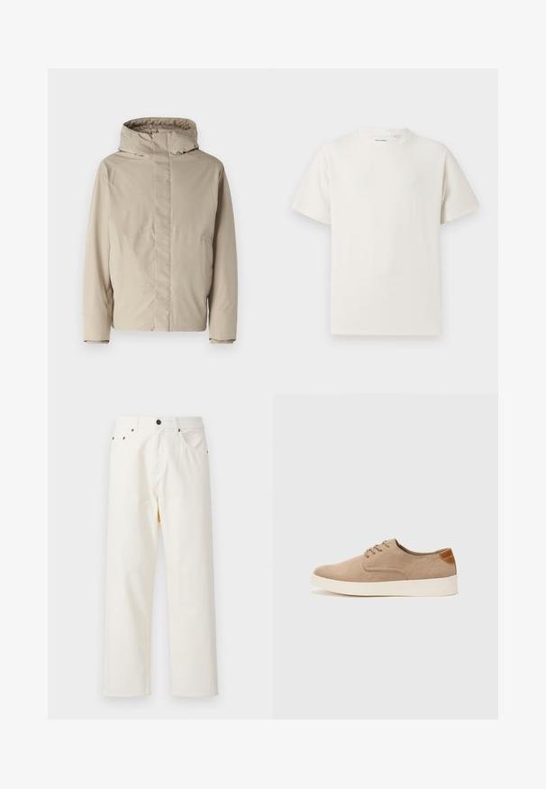 Veste isolée beige avec un haut col et une capuche, présentant un design minimaliste et un tissu texturé. Pas de fermetures ni de motifs visibles.; T-shirt blanc à manches courtes en texture côtelée. Encolure ronde, coupe décontractée, sans motifs ni accents visibles. Design simple et polyvalent.; Jack & Jones JPSTALEX ORIGINAL - Jean baggy - antique white; Baskets en daim beige avec un embout arrondi, un laçage sur le devant et un accent texturé à l'arrière. La semelle en caoutchouc blanche offre un contraste. Design simple et moderne.