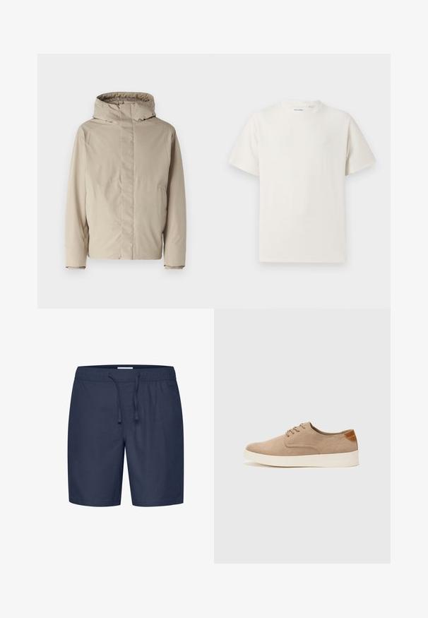 Chaqueta aislante beige con cuello alto y capucha, que presenta un diseño minimalista y tejido texturizado. Sin cierres ni patrones visibles.; Camiseta blanca de manga corta en textura acanalada. Cuello redondo, corte relajado, sin patrones ni acentos visibles. Diseño simple y versátil.; Casual Friday CFPHELIX LINEN MIX - Shorts - navy blazer; Zapatillas de ante beige con puntera redondeada, cordones en la parte delantera y un acento texturizado en la parte trasera. La suela de goma blanca proporciona contraste. Diseño sencillo y moderno.