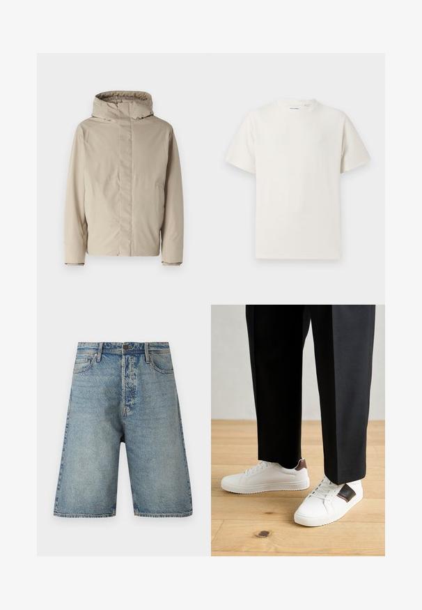 Vaaleanbeige eristystyylinen takki, jossa on korkea kaulus ja huppu. Takki on minimalistinen muotoilu ja siinä on teksturoitu kangas. Ei näkyviä kiinnityksiä tai kuvioita.; Valkoinen lyhythihainen T-paita ribbikuviossa. Pyöreä kaula-aukko, rento istuvuus, ei näkyviä kuvioita tai yksityiskohtia. Yksinkertainen ja monikäyttöinen muotoilu.; Farkkushortsit, joissa on vaaleansininen pesu, viisi taskua ja suora leikkaus. Kestävä kangas, jossa on näkyvät saumat ja nappisuljenta.; Valkoiset tennarit, joissa on sileä pinta, ruskealla nahka-akentilla ja mustilla yksityiskohdilla, yhdistetty mustiin räätälöityihin housuihin. Taustalla puulattia.