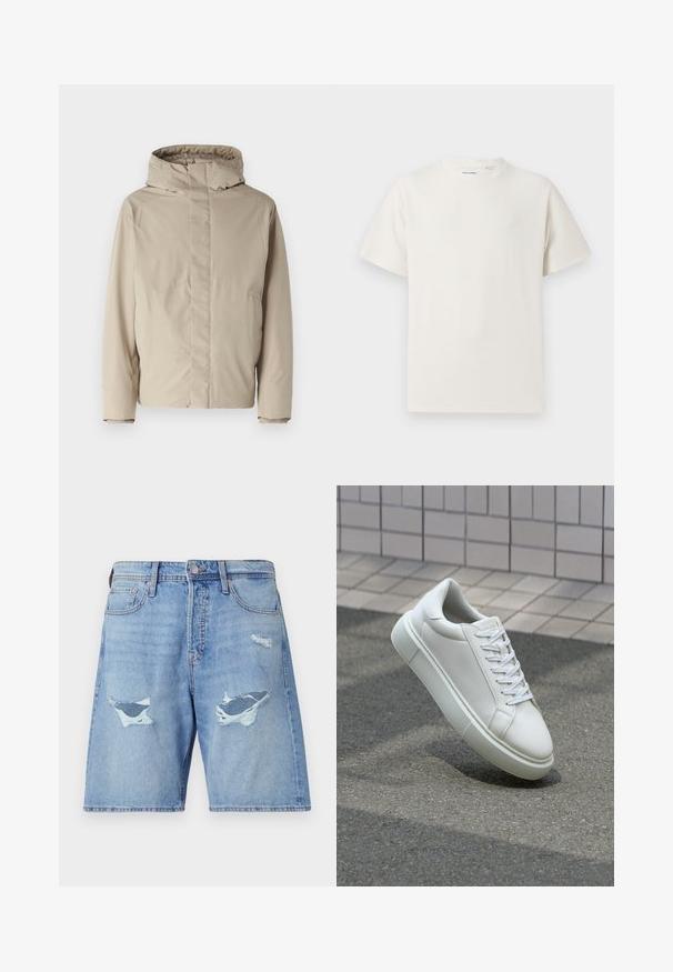 Beige isolerad jacka med hög krage och huva, med en minimalistisk design och strukturerad tyg. Inga synliga stängningar eller mönster.; Vit t-shirt med kort ärm i ribbad struktur. Rund halsringning, löst sittande passform, inga synliga mönster eller detaljer. Enkelt och mångsidigt design.; Ljusblå denimshorts med en avslappnad passform, med två större slitna områden och subtila slitningar på tyget.; Vit lädersneaker med en slät yta, rund tå och platta vita snören. Har en texturerad gummisula och minimalistiska designelement.