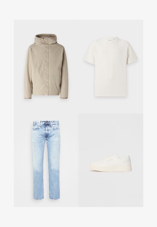 Bežana izolirana jakna s visokim ovratnikom i kapuljačom, koja se odlikuje minimalističkim dizajnom i teksturiranim materijalom. Nema vidljivih kopčanja ili uzoraka.; Bijela kratka majica s kratkim rukavima u rebrastoj teksturi. Okrugli izrez, ležeran kroj, bez vidljivih uzoraka ili akcenta. Jednostavan i svestran dizajn.; Svijetloplave traperice s ravnim nogavicama, izlizanim detaljima i izblijedjelim završetkom, sadrže pet džepova i zatvaranje na gumb.; Bijele slip-on tenisice s teksturiranom površinom, debelim đonom i minimalističkim dizajnom. Sadrže logo branda sa strane.