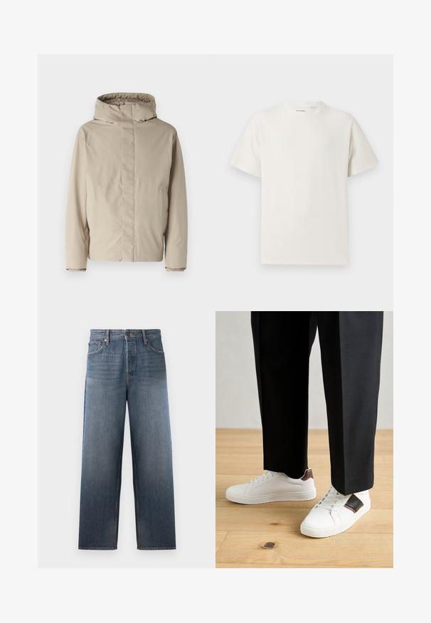 Beež isolatsiooniga jakk kõrge kaeluse ja kapuutsiga, millel on minimalistlik disain ja tekstuuriga kangas. Ei ole nähtavaid sulgemisi ega mustreid.; Valge lühikeste varrukatega T-särk ribakudumises. Ümar kaelus, mugav lõige, nähtavad mustrid ega aksessuaarid puuduvad. Lihtne ja mitmekesine disain.; Keskmise sinise tooniga teksased, sirge jalgade disainiga, viie taskuga, nupuga ja tõmblukuga kinnitamine ning peent tuhmumist. ; Valged sneakersid siledat tekstuurist, millel on pruunad nahast detailid ja mustad aksessuaarid, millele on sobitatud mustad kohandatud püksid. Puitpõranda taust.