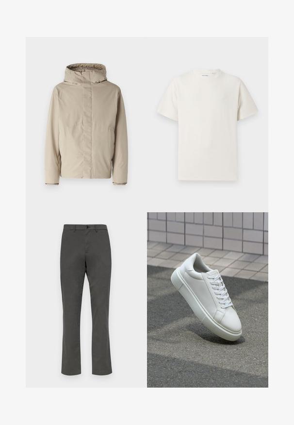 Veste isolée beige avec un haut col et une capuche, présentant un design minimaliste et un tissu texturé. Pas de fermetures ni de motifs visibles.; T-shirt blanc à manches courtes en texture côtelée. Encolure ronde, coupe décontractée, sans motifs ni accents visibles. Design simple et polyvalent.; GAP SLIM PERFORMANCE STRETCH - Chino - soft black; Baskets en cuir blanc avec une surface lisse, bout rond et lacets plats blancs. Présentent une semelle en caoutchouc texturée et des éléments de design minimalistes.