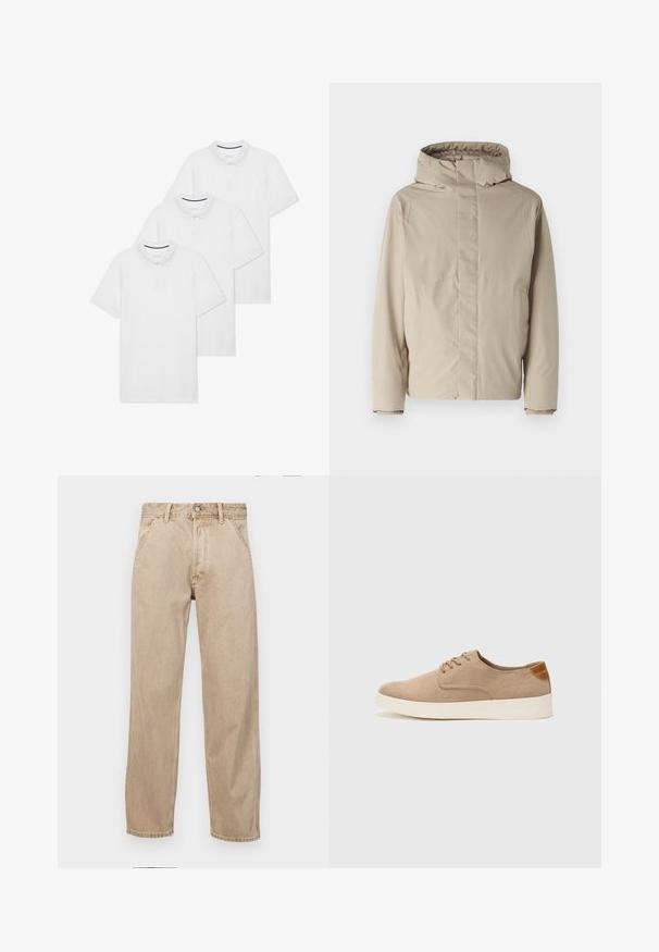 Beež isolatsiooniga jakk kõrge kaeluse ja kapuutsiga, millel on minimalistlik disain ja tekstuuriga kangas. Ei ole nähtavaid sulgemisi ega mustreid.; Kolm lihtsat valget polo särki, millel on krae, lühikesed varrukad, nupuvajutustega frontale ja väike tumesinine aktsent krae sees.; Bežidemini teksased sirgjoonise kujundusega, front pocket'itega, metallist nööbi kinnitusega ja peene tekstuuriga.; Beežid nahast tossud ümarate varvastega, paeltega esiosa ja tekstuuriga tagakontuuriga. Valge kummist tallapakkumine loob kontrasti. Lihtne ja kaasaegne disain.