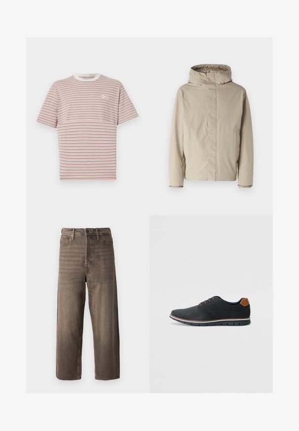 Beige isolerad jacka med hög krage och huva, med en minimalistisk design och strukturerad tyg. Inga synliga stängningar eller mönster.; Randig t-shirt med horisontella linjer i rosa, marinblå och vit. Ribbad rund hals och en liten logotyp på bröstet. Tillverkad av bomull.; Bruna vida jeans i denim. Har dragkedja, bältesloopar och fem fickor. Tyget har en urtvättad, texturerad yta.; Svarta syntetiska skor med en strukturerad ovandel, släta detaljer, brun klack och en kontrasterande sula. Har minimal snörning och sömdetaljer.