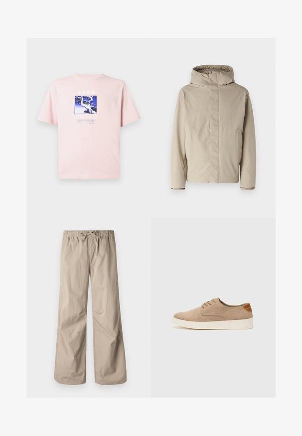 Béžová zateplená bunda s vysokým límcem a kapucí, která má minimalistický design a texturovanou tkaninu. Bez viditelných zapínání nebo vzorů.; Světle růžové tričko s modrou a bílou grafikou zasněženého stromu a jeřábů, text "HOKUSAI" a údaje o umělci níže.; Béžové kalhoty širokého střihu s elastickým pasem a stahovací šňůrkou. Hladký materiál, dvě boční kapsy a minimální švy pro uvolněný fit.; Béžové semišové tenisky s kulatou špičkou, šněrováním vpředu a texturovaným zadním akcentem. Bílá gumová podrážka poskytuje kontrast. Jednoduchý a moderní design.