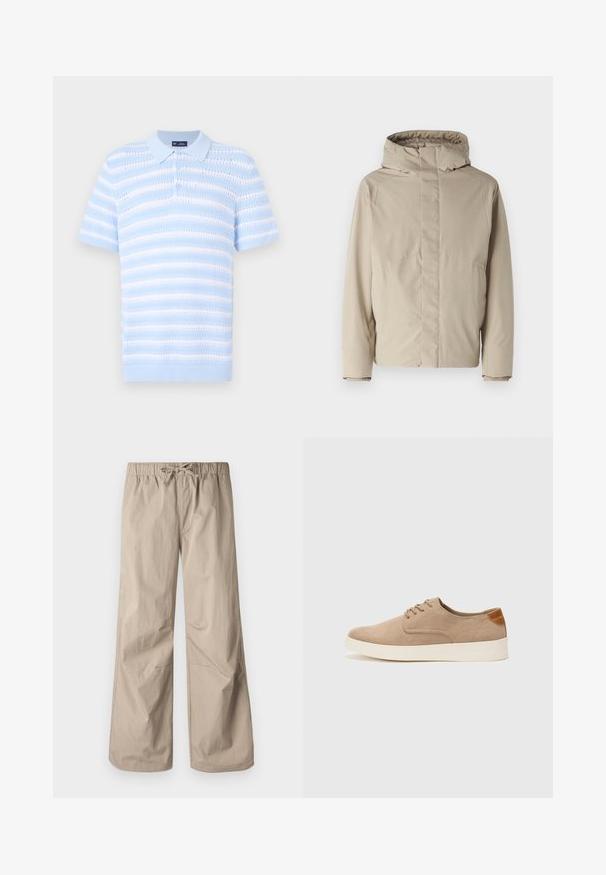 Beige geïsoleerde jas met een hoge kraag en capuchon, met een minimalistisch ontwerp en textuurstof. Geen zichtbare sluitingen of patronen.; Lichtblauwe poloshirt met korte mouwen, met horizontale strepen en een gestructureerd patroon. Knopsluiting en geribbelde kraagdetails.; Beige wijde broek met een elastische tailleband en trekkoord. Gladde textuur, twee zijzakken en minimale naden voor een relaxte pasvorm.; Beige suède sneakers met een ronde neus, vetersluiting aan de voorkant en een getextureerde achteraccent. De witte rubberen zool zorgt voor contrast. Eenvoudig en modern ontwerp.