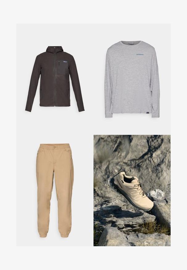 Tamsiai rudas vyriškas su užtrauktuku užsegamas vilnonis džemperis su kapišonu, užtrauktuku užsegama krūtinės kišenė ir Patagonia logotipas kišenėje.; Šviesiai pilka ilgomis rankovėmis marškinėliai, pagaminti iš minkštos, tekstūruotos medžiagos. Yra apvalus kaklas ir mažas mėlynas "Patagonia" logotipas krūtinėje.; Smėlio spalvos tamprių juosmens sportinės kelnės su mygtukų užsegimu, šoniniais kišenėmis ir tampriais rankogaliais.; Bežiniai Salomon bėgimo bateliai pakilę virš akmeningos laukinės gamtos teritorijos, kurioje išsibarsčiusi žolė ir mažos akmenys.