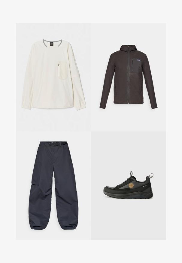 Veste en polaire à zip intégral pour homme, marron foncé, avec capuche, poche poitrine zippée et logo Patagonia sur la poche.; Chemise à manches longues en tissu blanc cassé avec un col et des accents gris. Présente une poche poitrine à fermeture éclair. Texture douce.; Pantalons cargo gris foncé en matériau doux et durable. Ils présentent une coupe large et ample, de multiples poches et une ceinture à la taille pour l'ajustement.; Chaussure de randonnée noire et grise avec un dessus texturé, présentant un bout arrondi, des lacets et une semelle en caoutchouc. Accentuée avec un patch logo.