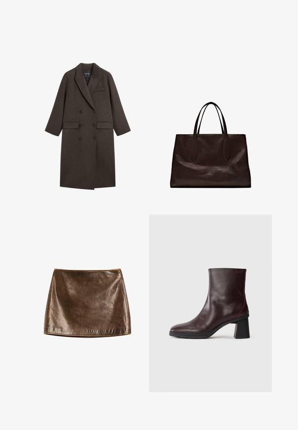 Double-breasted coat in dark brown wool with notched lapels, two front pockets, and a single chest pocket. Smooth texture, tailored fit.; Brown turtleneck sweater made of soft knit fabric. Features a relaxed fit, dropped shoulders, and a ribbed hem for added detail.; Brown metallic mini skirt with a smooth, shiny texture. Features a simple design and clean lines, with a straight hem at the bottom.; Dark brown leather ankle boot with a block heel and round toe, displayed on a plain light gray background.; Massimo Dutti Handbag - brown
