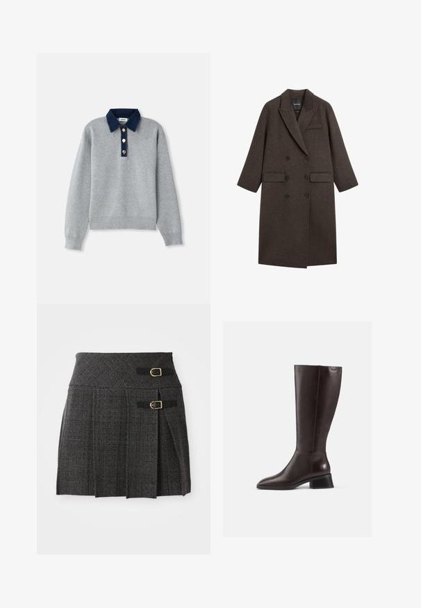 Dubbelknäppt kapp i mörkbrun ull med slagkrage, två framfickor och en ficka på bröstet. Slät textur, skräddarsydd passform.; Grå sweatshirt med en mörkblå denimkrage, tre guldknappar och ribbade muddar. Mjuk textur med en avslappnad design.; Grå rutigt kjol med åtsittande midja, med dubbla spänne accenter och plisseringar. Tillverkad av textil med en vävd design.; Knähöga bruna läderstövlar med en slät finish, rund tå och en staplad svart klack. Enkel design med minimala hårdvarudetaljer.