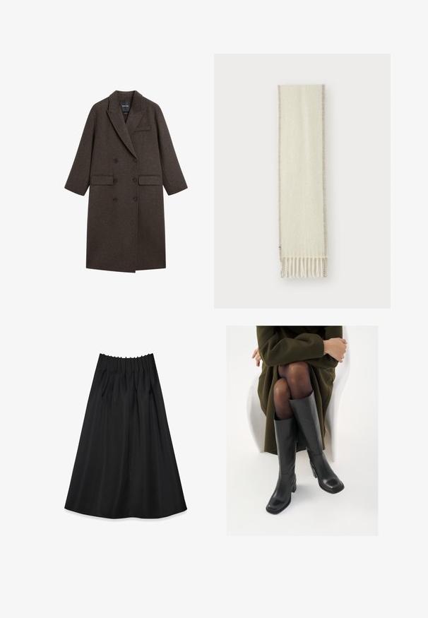 Dobbeltbrystet frakke i mørkebrun uld med klapkrave, to forlomme og en enkelt brystlomme. Glat tekstur, skræddersyet pasform.; Sort kortærmet T-shirt lavet af blødt stof, med rund halsudskæring og en afslappet pasform, præget af rene, enkle linjer og uden mønstre.; Sort skørt lavet af glat stof med en elastisk talje og plisseringer, der har et flydende design, der strækker sig til midt på læggen.; Knæhøje sorte læder støvler med firkantet tå og blokhæl, vist med en model siddende i en olivengrøn frakke. Glat tekstur, minimal detaljer.; Cremefarvet tørklæde lavet af blødt materiale, med en beige kant og frynser i enderne. Teksturen ser glat og varm ud.; Sort læder tote bag med to forlængede hanke, en struktureret form, glat tekstur og minimalistisk design. Ingen synlig hardware eller accenter.
