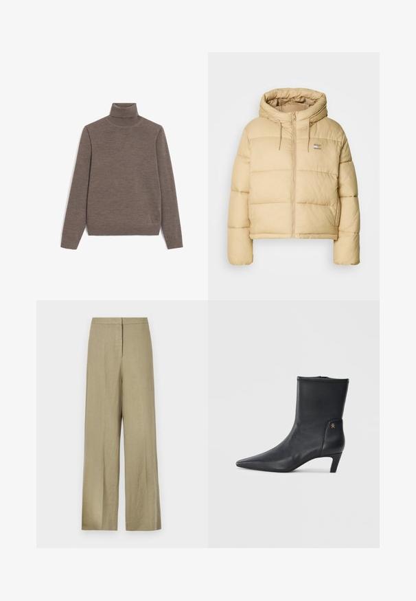 Lichtbeige pufferjack met een cropped ontwerp, ritssluiting aan de voorkant en een capuchon. Heeft een gewatteerde textuur en een klein logo-accent.; Rodier TURTLENECK - Trui - taupe; Lichtgroene, wijde broek van linnen. Heeft een hoge taille en een schone voorkant met een enkele plooien.; Zwarte leren enkellaarsjes met een spitse neus en een lage hak. Heeft een gladde textuur en een kleine gouden logo-detail aan de zijkant.