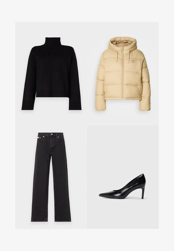 Helle beige Pufferjacke mit einem cropped Design, Reißverschluss vorne und Kapuze. Hat eine gesteppten Textur und ein kleines Logo-Details.; Schwarzer, kurz geschnittener Rollkragenpullover aus einem weichen Strickstoff. Hat lange Ärmel und gerippte Akzente an den Bündchen und am Saum.; Schwarze weit geschnittene Jeans aus Denim mit einem hoch sitzenden Bund, fünf Taschen und einem Metallknopfverschluss mit kontrastierendem Nähte.; Schwarzer Lederhochschuh mit spitzem Zehenbereich, glatter Textur und schmalem Absatz. Minimalistisches Design, keine zusätzlichen Verzierungen.