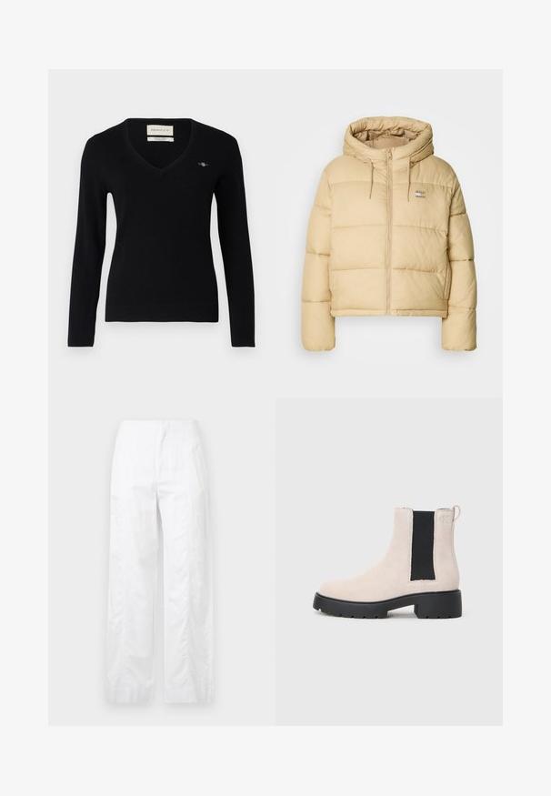 Geacă puffer de culoare bej deschis, cu un design cropped, fermoar frontal și glugă. Prezintă o textură matlasată și un mic accent de logo.; Pulover negru cu decolteu în V, realizat dintr-o țesătură moale. Dispune de mâneci lungi, manșete cu nervuri și un mic logo brodat pe piept.; Pantaloni albi cu croială largă, fabricați dintr-un material ușor, având o textură netedă, linii curate și un design cu talie înaltă.; Botine Chelsea din suede bej, cu panou elastic lateral negru, talpă groasă neagră și tab de prindere la gleznă.