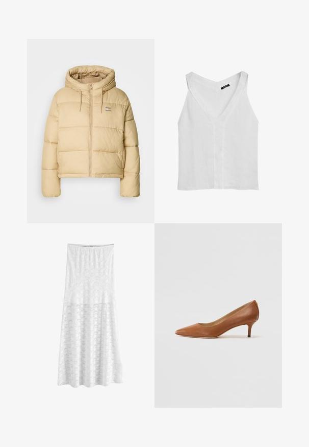 Svetle béžová péřová bunda s krátkým střihem, zipem vpředu a kapucí. Má prošívanou texturu a malou logo akcentaci.; Massimo Dutti FLOWING DOUBLE FABRIC GARMENT - Top - white; Next REGULAR FIT - Maxi sukně - white; Lauren Ralph Lauren ADRIENNE - Klasické lodičky - deep saddle tan