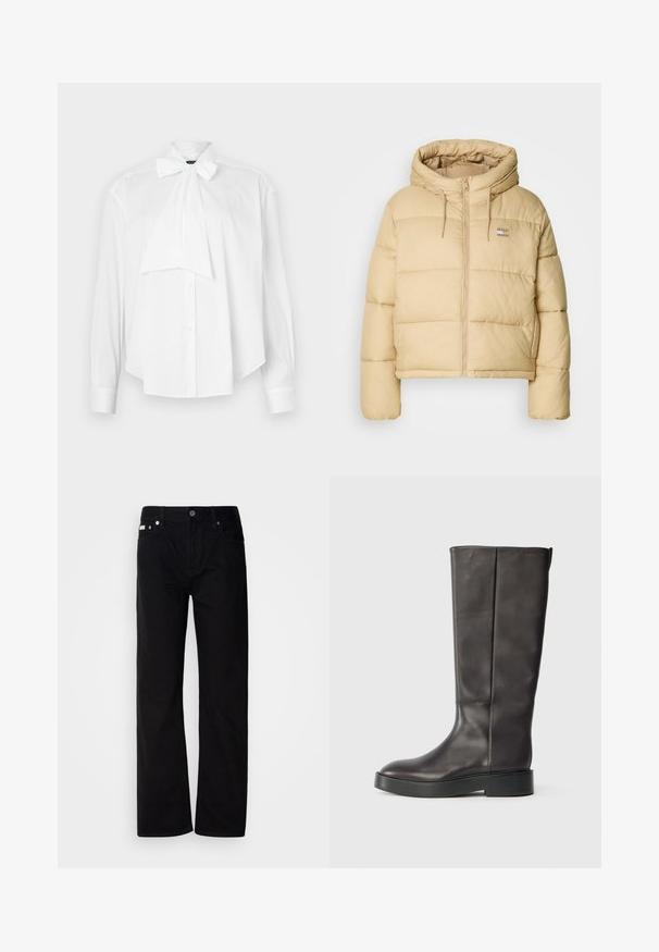 Helle beige Pufferjacke mit einem cropped Design, Reißverschluss vorne und Kapuze. Hat eine gesteppten Textur und ein kleines Logo-Details.; Weißes Blusenshirt mit langen Ärmeln, Kragen mit Schleife, Knopfleiste und bequemer Passform. Hergestellt aus glattem Stoff ohne Muster oder Akzente.; Schwarze Denim-Hosen mit geradem Bein, fünf Taschen, silbernen Nieten und einem Knopfverschluss. Der Stoff hat eine glatte, leicht strukturierte Oberfläche.; Schwarze knöchelhohe Lederstiefel mit dicker Sohle und dezentem Calvin Klein Logo nahe der oberen Kante, seitlich gezeigt.