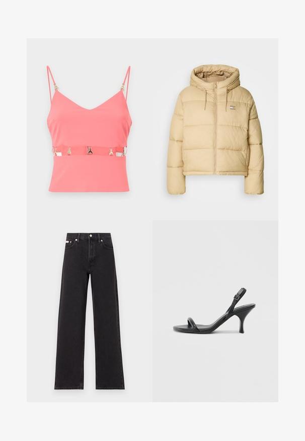 Lys beige puffjakke med cropped design, lynlås foran og hætte. Den har quiltet tekstur og et lille logo-accent.; Lyserød ærmeløs top med V-hals, med lynlås lukning og guldhardware detaljer på stropperne. Glat tekstur, tætsiddende design.; Sorte vidde jeans lavet af denim, med høj talje, fem-lomme stil og en metalknap lukning med kontrasterende syninger.; Sorte læder højhælede sandaler med en slank, buet hæl og et krydset stropdesign. Justerbar ankelrem. Glat tekstur.