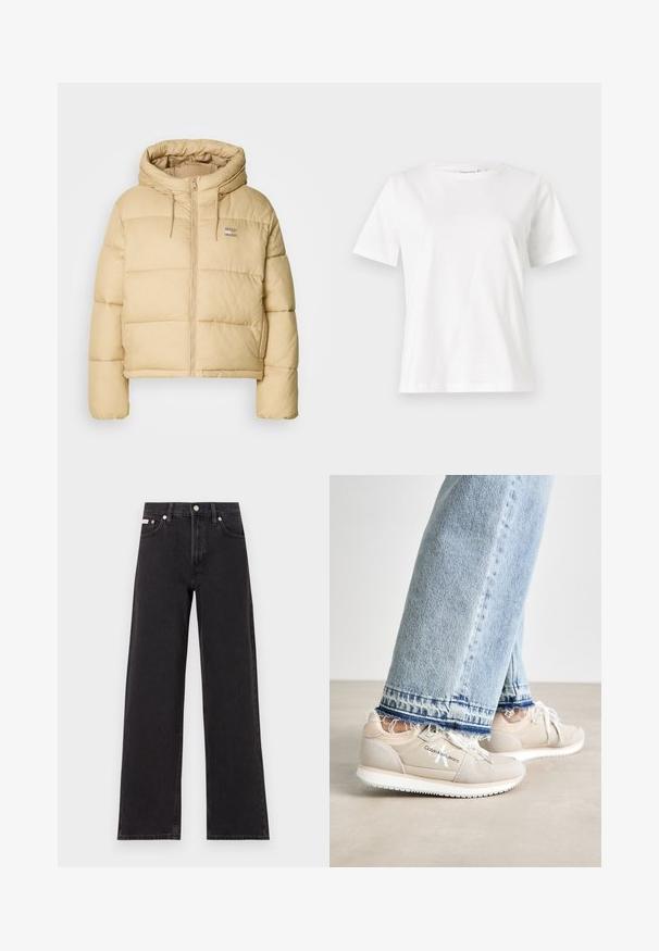 Jasno beżowa puchowa kurtka o skróconym kroju, z zamkiem z przodu i kapturem. Posiada pikowaną strukturę oraz mały akcent w postaci logo.; Biała bawełniana koszulka z krótkim rękawem, okrągłym dekoltem i luźnym krojem. Gładka tekstura, brak wzorów lub dodatków, minimalistyczny design.; Czarne dżinsy o szerokich nogawkach, wykonane z denimu, z wysokim stanem, pięcioma kieszeniami oraz metalowym zapięciem z kontrastowym szwem.; Calvin Klein Jeans - Sneakersy niskie