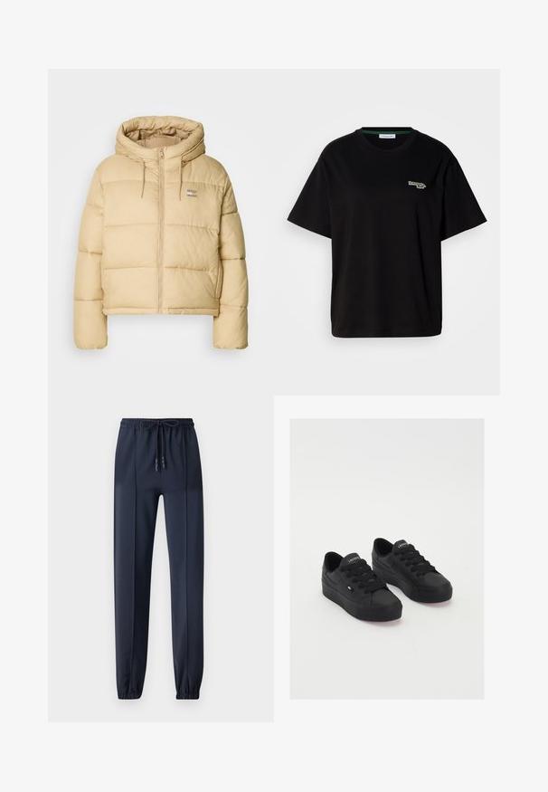 Vaaleanbeige puhvijakku, jossa on lyhyt malli, vetoaukko edessä ja huppu. Sisältää tikatun pinnan ja pienen logokoristeen.; Musta puuvillapaita lyhyillä hihoilla, jossa on pieni vihreä logo vasemmassa rinnassa. Klassinen pyöreä kaula-aukko, rento malli.; Tummansininen collegehousut, jotka on valmistettu sileästä ja kevyestä materiaalista; ominaisuuksiin kuuluu joustava vyötärö, jossa on kiristysnauha, ja kapenevat nilkat.; Musta matalavartinen tennari, joka on valmistettu sileästä materiaalista. Kenkä on varustettu paksuilla nauhoilla, kuvioiduilla pohjilla sekä pienellä logolla sivussa ja kielen kohdalla.