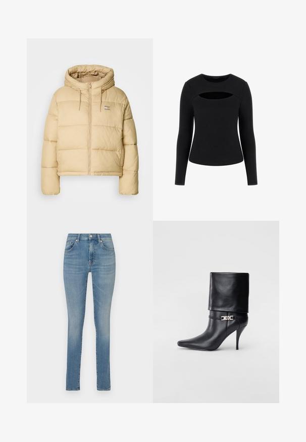 Chaqueta de plumas beige claro con un diseño corto, cierre de cremallera en la parte frontal y capucha. Presenta un textura acolchada y un pequeño logotipo como acento.; Top negro de manga larga con textura acanalada y un detalle de corte único en el pecho, con escote redondo y silueta ajustada.; Jeans ajustados en denim azul claro, con una cintura de altura media, diseño de cinco bolsillos y un leve desgastado. Bajo deshilachado en los tobillos.; Botín de cuero negro hasta el tobillo con punta afilada, tacón alto de aguja, puño doblado y un detalle decorativo de hebilla dorada en el tobillo.