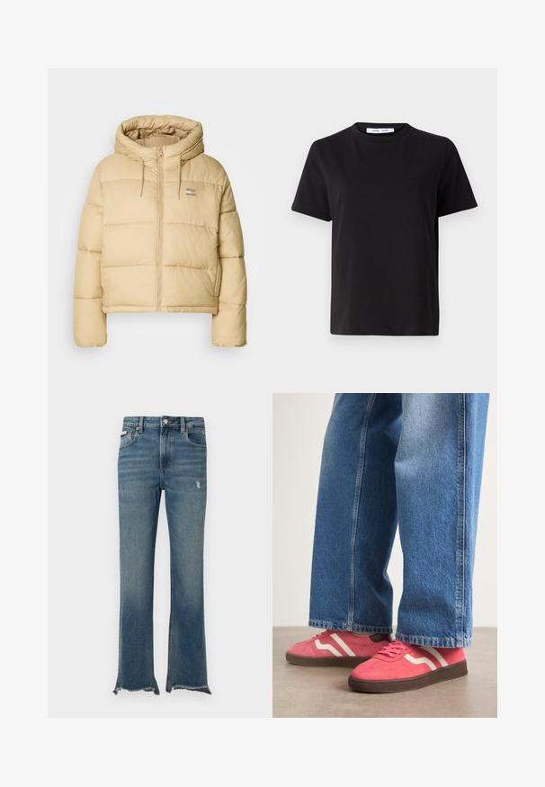 Gai beidžkrāsas pūkains mētelis ar īsu dizainu, ar rāvējslēdzēju priekšā un kapuci. Iekļauj quiltētas tekstūras un nelielu logo akcentu.; Melna īsām piedurknēm T-kreklu, kas izgatavots no mīksta kokvilnas, ar apļveida kakla izgriezumu, brīvu piegriezumu un gludu tekstūru. Nav redzamu rakstu vai grafikas.; Zilas džinsa bikses ar vieglu nolietojumu, neapstrādātiem plēstiem apmales galiem, priekšējām kabatām, jostas cilpām un pogas aizdari.; Rozā zamšādas sporta apavi ar baltām viļņainām svītrām un brūniem gumijas zolemi, kombinēti ar gaiši zilām platajām džinsu biksēm.