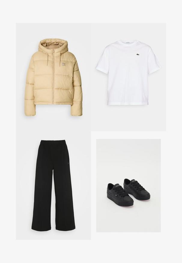 Jasno beżowa puchowa kurtka o skróconym kroju, z zamkiem z przodu i kapturem. Posiada pikowaną strukturę oraz mały akcent w postaci logo.; Biała bawełniana koszulka z okrągłym dekoltem i krótkimi rękawami. Posiada zielone haftowane logo na piersi. Miękka tekstura, luźny krój.; Czarne spodnie o szerokich nogawkach z elastycznym pasem. Wykonane z miękkiego, lekkiego materiału. Posiada pionowe szwy na przodzie.; Czarne niskie sneakersy wykonane z gładkiego materiału, z grubymi sznurowadłami, teksturowaną podeszwą oraz małym logo po boku i na języku.