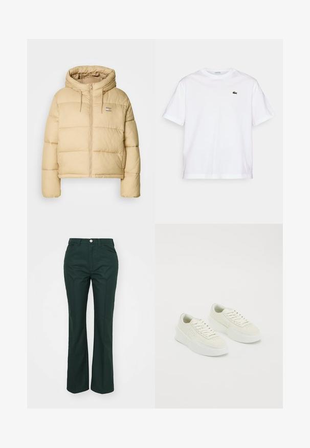 Lys beige boblejakke med cropped design, glidelås foran og hette. Har quiltet tekstur og en liten logo aksent.; Hvit bomull T-skjorte med rund hals og korte ermer. Har en grønn brodert logo på brystet. Myk tekstur, avslappet passform.; Grønne, utsvingte bukser laget av et glatt, strukturert stoff. Har knappelukking foran, beltehemper og to sidelommer.; Hvide lavtoppede sneakers med tykke såler og snørebånd, der har perforeret detaljering på siderne og tåområdet, præsenteret på en hvid baggrund.