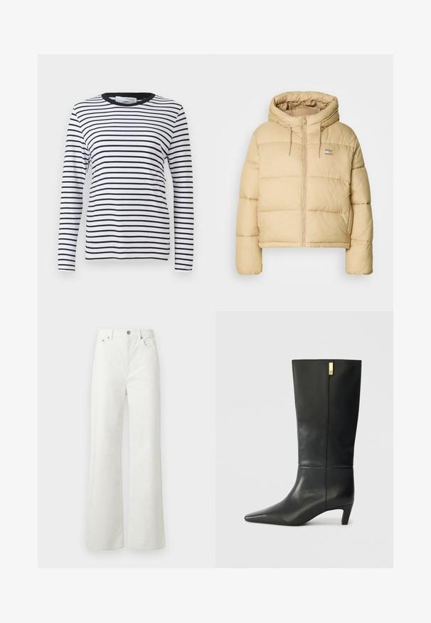 Helle beige Pufferjacke mit einem cropped Design, Reißverschluss vorne und Kapuze. Hat eine gesteppten Textur und ein kleines Logo-Details.; Langarmshirt mit schwarz-weißen Horizontalstreifen, runder Halsauschnitt, aus weichem Stoff, mit einem schlichten Design ohne Muster.; Samsøe Samsøe SHELLY - Jeans Relaxed Fit - clear cream; Schwarze Lederstiefelette bis zum Knie mit spitzem Zeh und kleinem Absatz. Hat ein elegantes Design mit goldenen Akzenten. Glatte Textur.