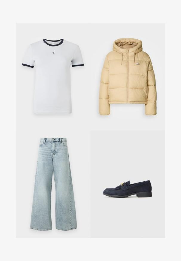 Casaco puffer bege claro com um design cropped, fecho com zip e capuz. Apresenta textura acolchoada e um pequeno logótipo como detalhe.; T-shirt branca de mangas curtas com decote redondo em azul-marinho e punhos em azul-marinho. Apresenta um pequeno logótipo no peito. Textura de tecido suave.; Jeans de ganga azul claro, de perna larga e cintura alta, com fecho de botão, cinco bolsos e detalhes de bainha desfiada.; Sapatos mocassins de camurça azul-marinho com um salto preto baixo, apresentando um detalhe decorativo em metal dourado na parte da frente e um design de bico arredondado.