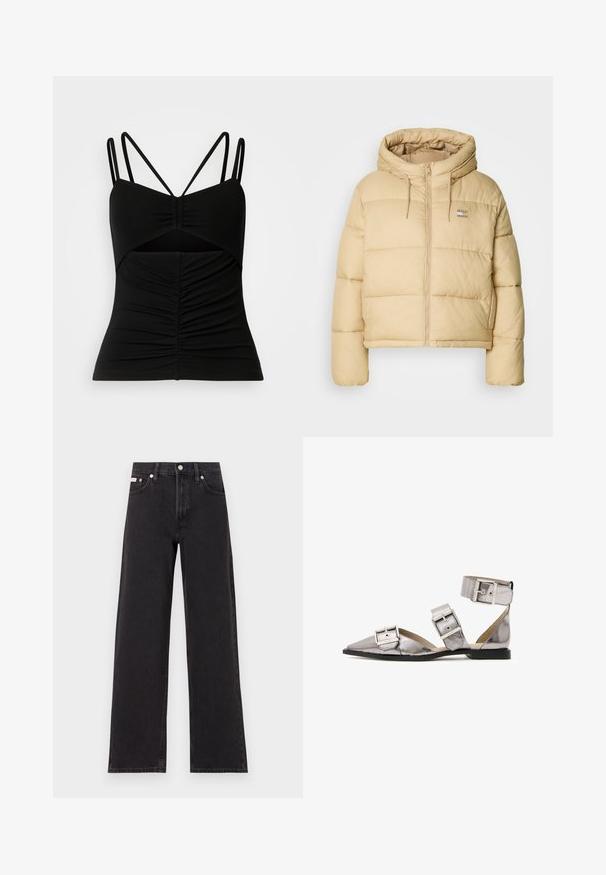 Svetle béžová péřová bunda s krátkým střihem, zipem vpředu a kapucí. Má prošívanou texturu a malou logo akcentaci.; Černý top bez rukávů s nastavitelnými tenkými ramínky, který má v přední části řasený design a vykrojený detail v střední části.; Černé široké jeansy vyrobené z denimu, s vysokým pasem, pěti kapsami a kovovým zapínáním s kontrastním prošíváním.; AllSaints SUTTON - Kotníkové sandály - GUNMETAL GREY