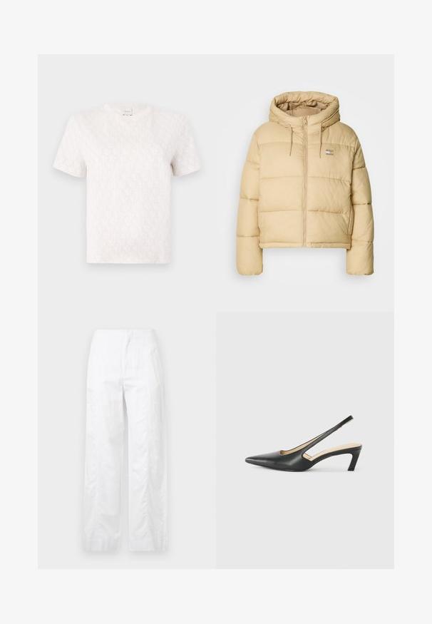 Casaco puffer bege claro com um design cropped, fecho com zip e capuz. Apresenta textura acolchoada e um pequeno logótipo como detalhe.; T-shirt de manga curta, em creme, feito de algodão, com um padrão discreto de monograma por toda a parte. Apresenta um decote redondo e um corte descontraído.; Calças brancas de perna larga feitas de um tecido leve, com uma textura suave, linhas limpas e um design de cintura alta.; Sandal com bico fino e calcanhar baixo, em couro liso, com um design recortado na lateral para respirabilidade.