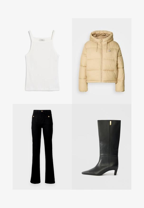 Gai beidžkrāsas pūkains mētelis ar īsu dizainu, ar rāvējslēdzēju priekšā un kapuci. Iekļauj quiltētas tekstūras un nelielu logo akcentu.; Balta topiņš ar plānām siksniņām, izgatavots no ribota kokvilnas auduma, ar taisnu dekoltē un gludu apdari ap malām.; Melnas flared džinsus, izgatavotus no denima, ar augstu jostasvietu, divām aizmugures kabatām ar zelta pogu akcentiem un gludu, tīru tekstūru.; Melnas ādas ceļgala auguma zābaki ar smailu purngalu un mazu papēdi. Īpašības ietver elegantu dizainu ar zeltu akcenta detaļu. Gluda tekstūra.