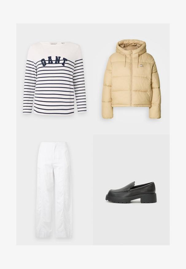 Világos bézs színű, cropped fazonú puffermellény, cipzáros elől és kapucnival. Téglalap alakú textúra és egy kis logó részlet jellemzi.; Hosszú ujjú, fehér pamut ing sötétkék vízszintes csíkokkal. Az elején, a mellkasnál hímzett "GANT" logó található sötétkék anyagból.; Fehér, széles szárú nadrág könnyű anyagból, sima textúrával, letisztult vonalakkal és magasderék kialakítással.; Fekete bőr loafer cipők kerek orral, vastag, texturált talppal és minimális varrási részletekkel. Áramvonalas dizájn, látható fűzők vagy fém részek nélkül.